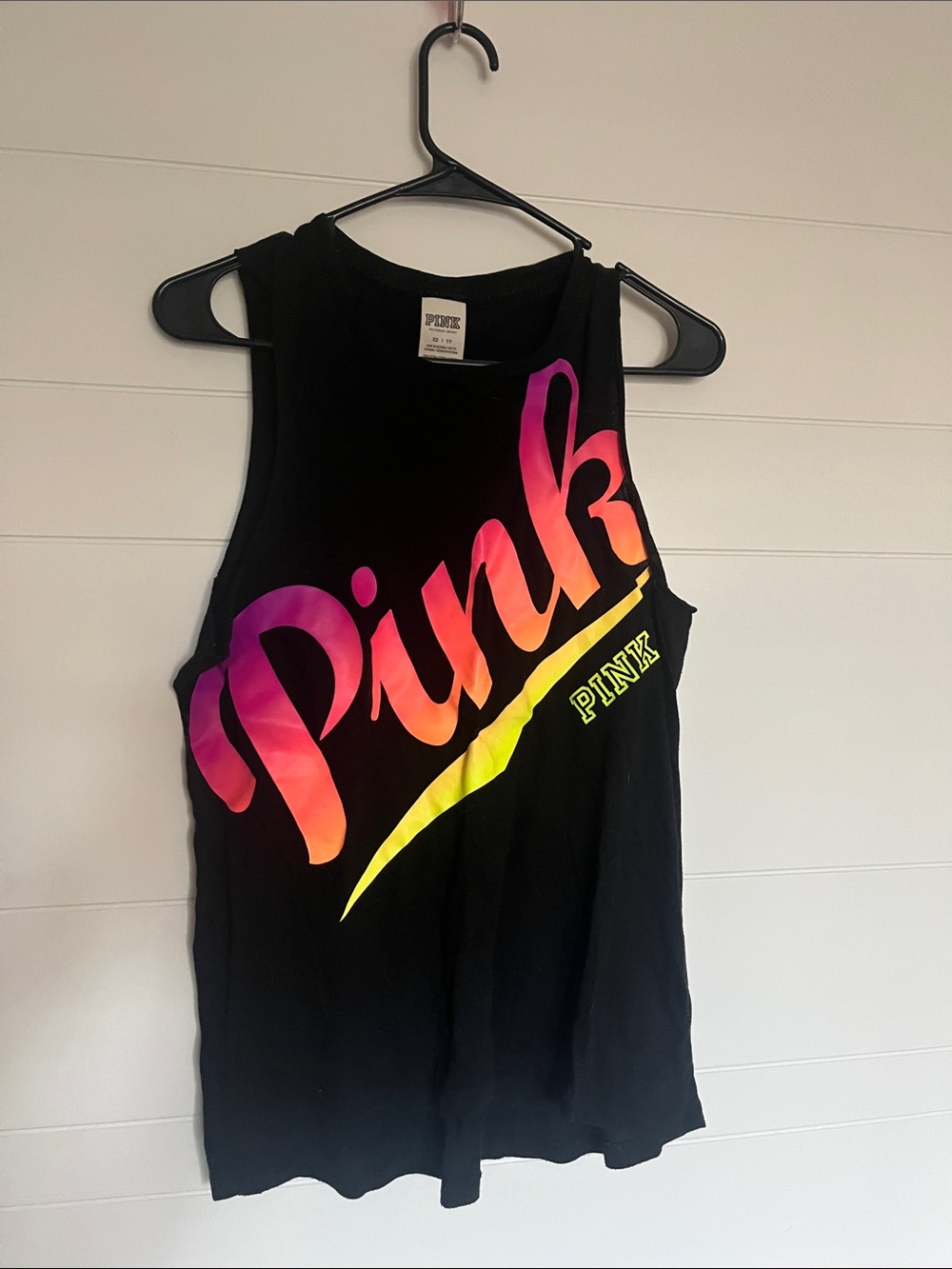 PINK Victoria's Secret Black Tank with Neon Pink-to-Yellow Gradient Logo